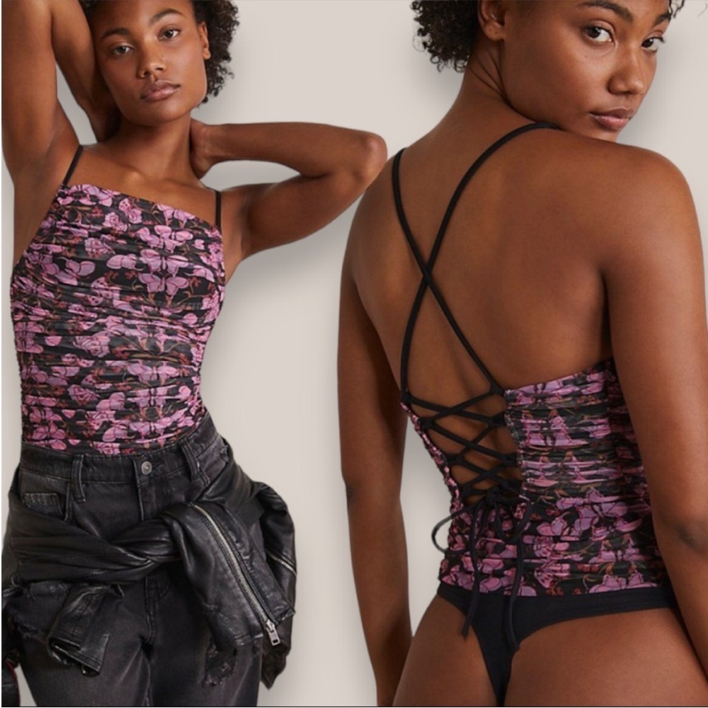 NWOT Free People Milkshake Mesh Bodysuit Size Medium In Black & Purple